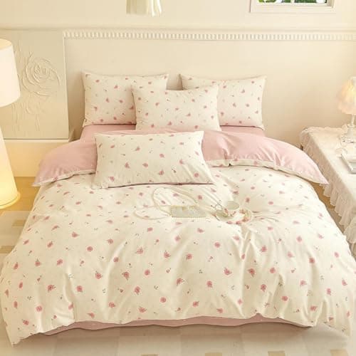 Freyamy Bettwäsche 135x200 cm – 2‑teilig Baumwolle, Floral (Weiß/Rosa/Grün) inkl. Kissenbezug 80x80 cm
