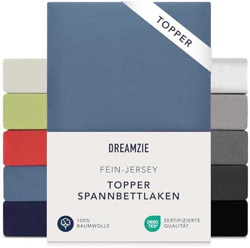 Dreamzie Topper-Spannbettlaken 180×200–200×200 cm – Jersey-Baumwolle 150 g/m², OEKO‑TEX STANDARD 100, extra niedrige Sei