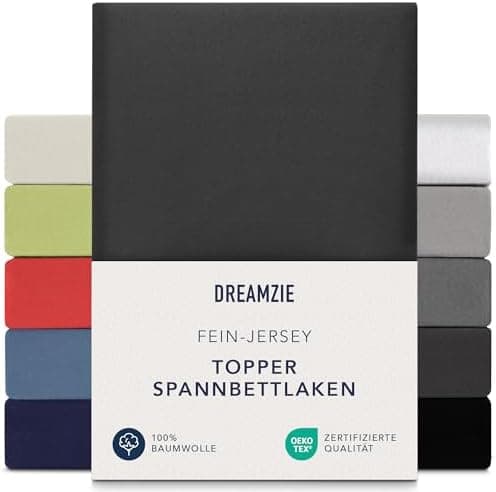 Dreamzie Topper-Spannbettlaken 180×200–200×200 cm – Jersey-Baumwolle 150 g/m², OEKO‑TEX STANDARD 100, extra niedrige Sei