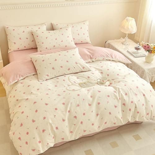 Freyamy Bettwäsche 135x200 cm – 2‑teilig Baumwolle, Floral (Weiß/Rosa/Grün) inkl. Kissenbezug 80x80 cm