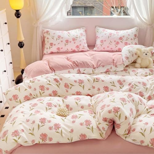 Bettwäsche 135x200 Blumen – Mikrofaser Renforcé, weich & pflegeleicht, Weiß/Rosa Aesthetic Wendebettwäsche 2-teilig mit