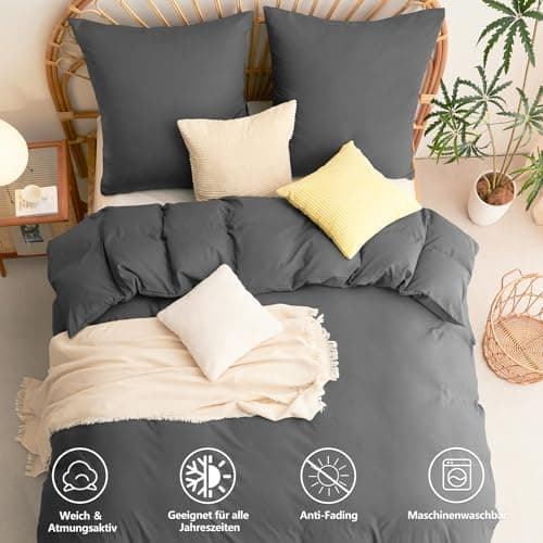WAVVE Bettwäsche 135x200 – 4‑teiliges Mikrofaser‑Set Anthrazit (inkl. 2×80×80 cm Kissenbezüge) mit Reißverschluss, OEKO‑