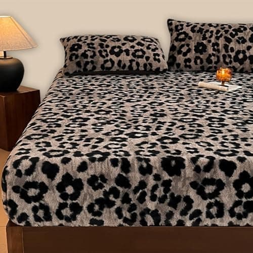 Premium Kaninchenfell Spannbettlaken-Set mit Leopardenmuster, 150×200 cm – 1 Spannbettlaken + 2 Kissenbezüge
