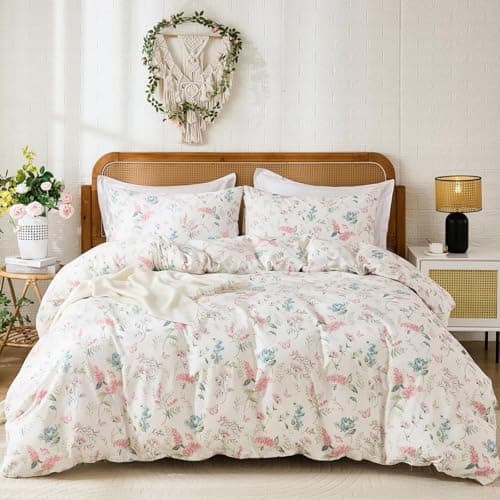 Freyamy Bettwäsche 135x200 cm – 2‑teilig Baumwolle, Floral (Weiß/Rosa/Grün) inkl. Kissenbezug 80x80 cm