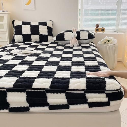 Schachbrett Spannbettlaken aus verdicktem Milchvlies – rutschfest, weich & warm, Matratzenbezug 90×200 cm (Bettlaken + K