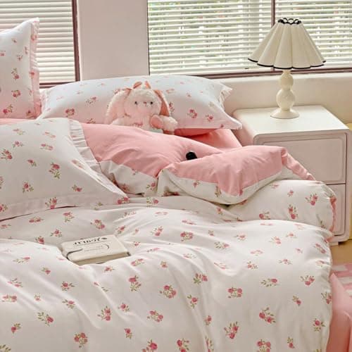 Bettwäsche 135x200 Blumen – Mikrofaser Renforcé, weich & pflegeleicht, Weiß/Rosa Aesthetic Wendebettwäsche 2-teilig mit