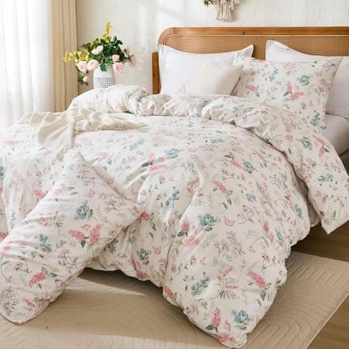 Freyamy Bettwäsche 135x200 cm – 2‑teilig Baumwolle, Floral (Weiß/Rosa/Grün) inkl. Kissenbezug 80x80 cm