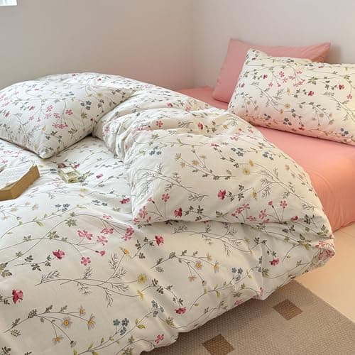 Freyamy Bettwäsche 135x200 cm – 2‑teilig Baumwolle, Floral (Weiß/Rosa/Grün) inkl. Kissenbezug 80x80 cm