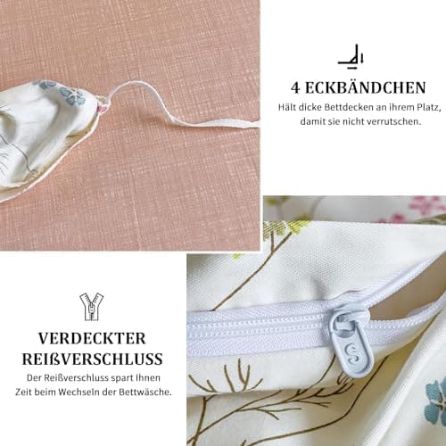 Freyamy Bettwäsche 135x200 cm – 2‑teilig Baumwolle, Floral (Weiß/Rosa/Grün) inkl. Kissenbezug 80x80 cm