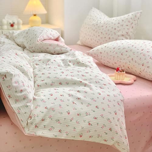 Bettwäsche 135x200 Blumen – Mikrofaser Renforcé, weich & pflegeleicht, Weiß/Rosa Aesthetic Wendebettwäsche 2-teilig mit