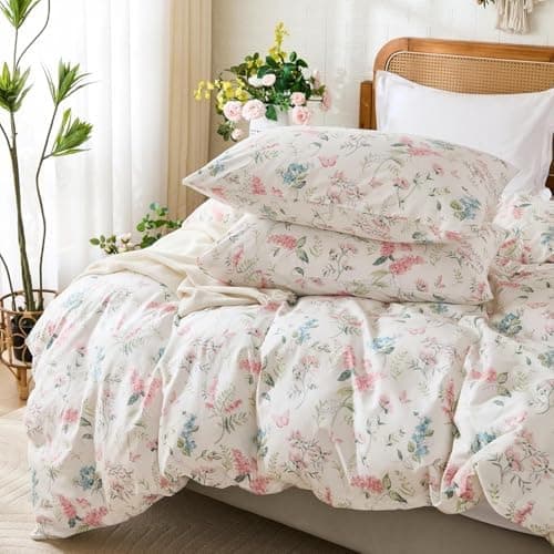 Freyamy Bettwäsche 135x200 cm – 2‑teilig Baumwolle, Floral (Weiß/Rosa/Grün) inkl. Kissenbezug 80x80 cm
