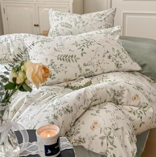 Freyamy Bettwäsche 135x200 cm – 2‑teilig Baumwolle, Floral (Weiß/Rosa/Grün) inkl. Kissenbezug 80x80 cm