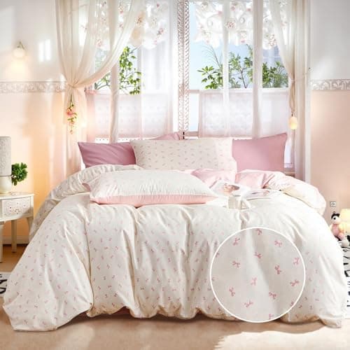 Freyamy Bettwäsche 135x200 cm – 2‑teilig Baumwolle, Floral (Weiß/Rosa/Grün) inkl. Kissenbezug 80x80 cm
