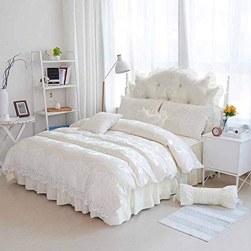 Bettwäsche-Set 4-teilig (Voll/Full) – 100% Baumwolle, Luxus Spitze & Rüschen im Prinzessin-Stil