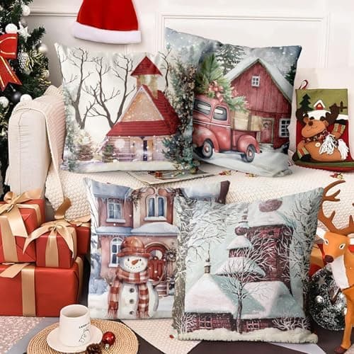 Aitsite 4er-Pack Weihnachts-Kissenbezüge 45 x 45 cm – Winterliche Dekoration für Sofa & Wohnzimmer