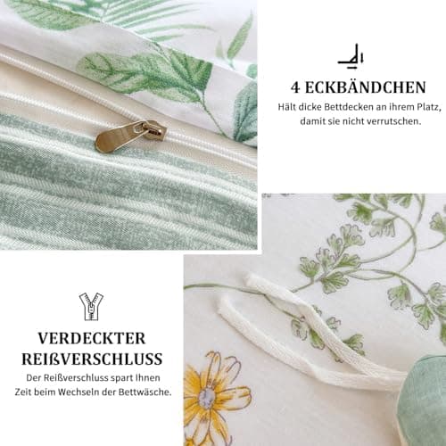 Freyamy Bettwäsche 135x200 cm – 2‑teilig Baumwolle, Floral (Weiß/Rosa/Grün) inkl. Kissenbezug 80x80 cm