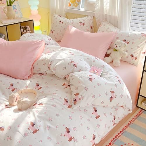 Bettwäsche 135x200 Blumen – Mikrofaser Renforcé, weich & pflegeleicht, Weiß/Rosa Aesthetic Wendebettwäsche 2-teilig mit