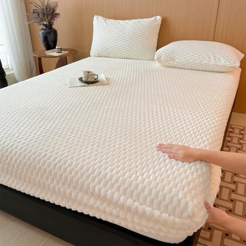 Frottee-Teddyfell Spannbettlaken – Warmes, weiches Winter-Spannbettlaken, 360° rundum elastisch inkl. Kissenbezug (90×20
