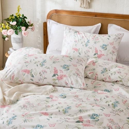 Freyamy Bettwäsche 135x200 cm – 2‑teilig Baumwolle, Floral (Weiß/Rosa/Grün) inkl. Kissenbezug 80x80 cm