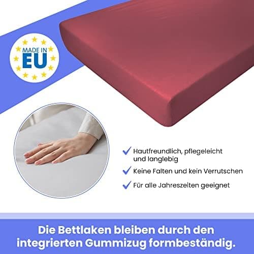 Spannbettlaken Jersey 100% Baumwolle für Kinder – 22 Farben, 9 Größen (z. B. 120x200) – Bordeaux