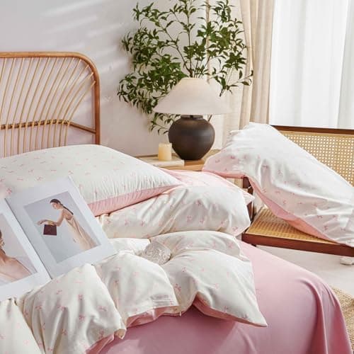 Freyamy Bettwäsche 135x200 cm – 2‑teilig Baumwolle, Floral (Weiß/Rosa/Grün) inkl. Kissenbezug 80x80 cm