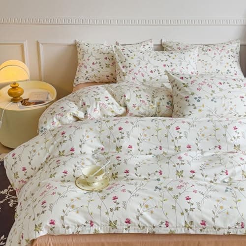 Freyamy Bettwäsche 135x200 cm – 2‑teilig Baumwolle, Floral (Weiß/Rosa/Grün) inkl. Kissenbezug 80x80 cm
