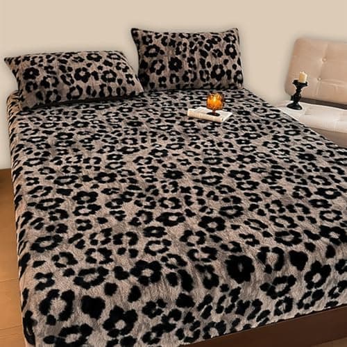 Premium Kaninchenfell Spannbettlaken-Set mit Leopardenmuster, 150×200 cm – 1 Spannbettlaken + 2 Kissenbezüge