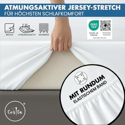 Spannbettlaken 90x200 cm – 100% Baumwoll‑Jersey, Tiefes Laken bis 25 cm – Weiß