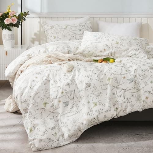 Freyamy Bettwäsche 135x200 cm – 2‑teilig Baumwolle, Floral (Weiß/Rosa/Grün) inkl. Kissenbezug 80x80 cm