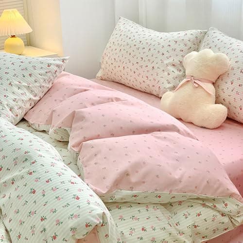 Bettwäsche 135x200 Blumen – Mikrofaser Renforcé, weich & pflegeleicht, Weiß/Rosa Aesthetic Wendebettwäsche 2-teilig mit