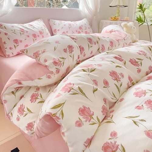 Bettwäsche 135x200 Blumen – Mikrofaser Renforcé, weich & pflegeleicht, Weiß/Rosa Aesthetic Wendebettwäsche 2-teilig mit