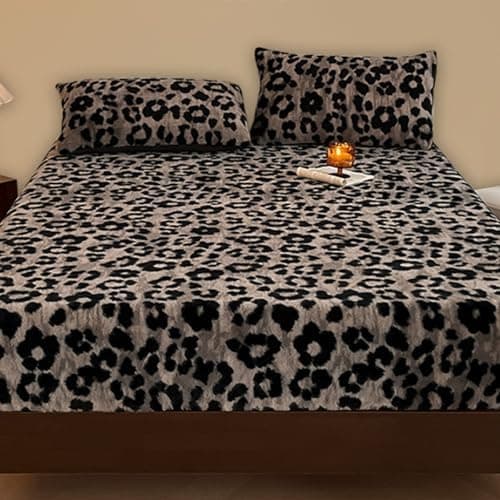 Premium Kaninchenfell Spannbettlaken-Set mit Leopardenmuster, 150×200 cm – 1 Spannbettlaken + 2 Kissenbezüge