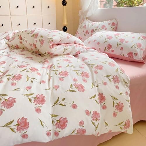 Bettwäsche 135x200 Blumen – Mikrofaser Renforcé, weich & pflegeleicht, Weiß/Rosa Aesthetic Wendebettwäsche 2-teilig mit