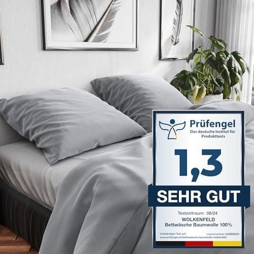 Wolkenfeld Baumwolle-Bettwäsche 135x200 mit Kissenbezug 80x80 – Atmungsaktiv, Hautfreundlich & Pflegeleicht – Hellgrau
