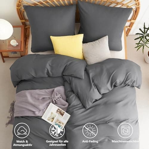 WAVVE Bettwäsche 135x200 – 4‑teiliges Mikrofaser‑Set Anthrazit (inkl. 2×80×80 cm Kissenbezüge) mit Reißverschluss, OEKO‑