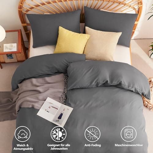 WAVVE Bettwäsche 135x200 – 4‑teiliges Mikrofaser‑Set Anthrazit (inkl. 2×80×80 cm Kissenbezüge) mit Reißverschluss, OEKO‑