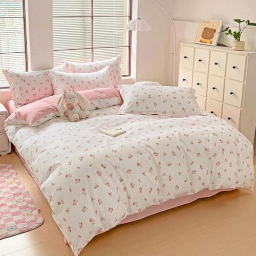 Bettwäsche 135x200 Blumen – Mikrofaser Renforcé, weich & pflegeleicht, Weiß/Rosa Aesthetic Wendebettwäsche 2-teilig mit