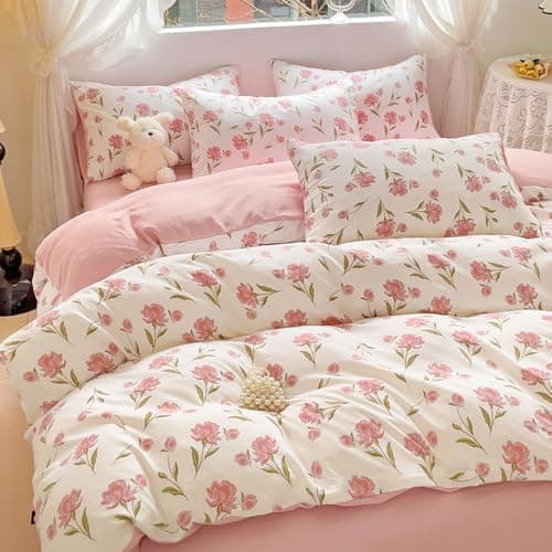 Bettwäsche 135x200 Blumen – Mikrofaser Renforcé, weich & pflegeleicht, Weiß/Rosa Aesthetic Wendebettwäsche 2-teilig mit