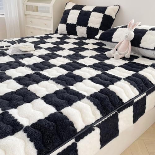 Schachbrett Spannbettlaken aus verdicktem Milchvlies – rutschfest, weich & warm, Matratzenbezug 90×200 cm (Bettlaken + K