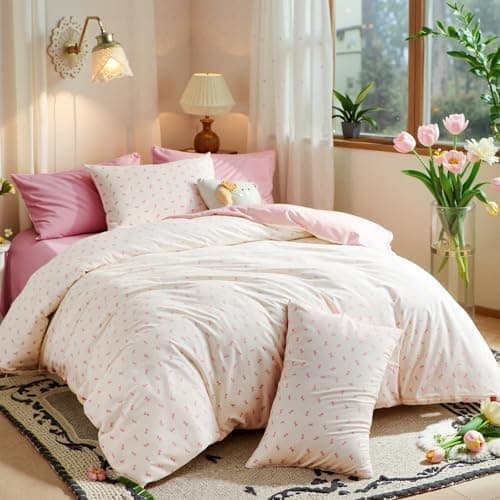 Freyamy Bettwäsche 135x200 cm – 2‑teilig Baumwolle, Floral (Weiß/Rosa/Grün) inkl. Kissenbezug 80x80 cm