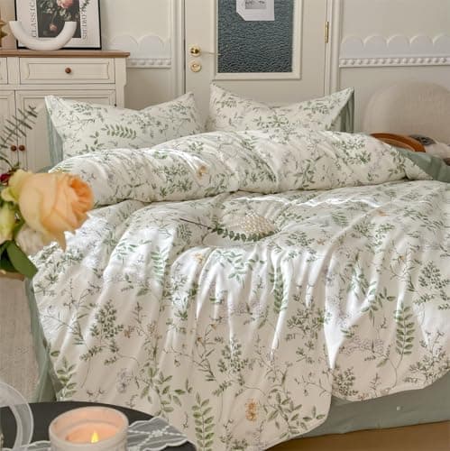 Freyamy Bettwäsche 135x200 cm – 2‑teilig Baumwolle, Floral (Weiß/Rosa/Grün) inkl. Kissenbezug 80x80 cm