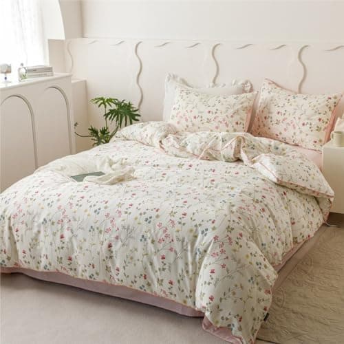 Freyamy Bettwäsche 135x200 cm – 2‑teilig Baumwolle, Floral (Weiß/Rosa/Grün) inkl. Kissenbezug 80x80 cm