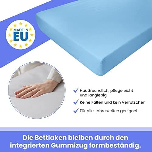 Spannbettlaken für Kinder – 100% Baumwolle (Jersey), Hellblau 180×200 cm | 22 Farben & 9 Größen