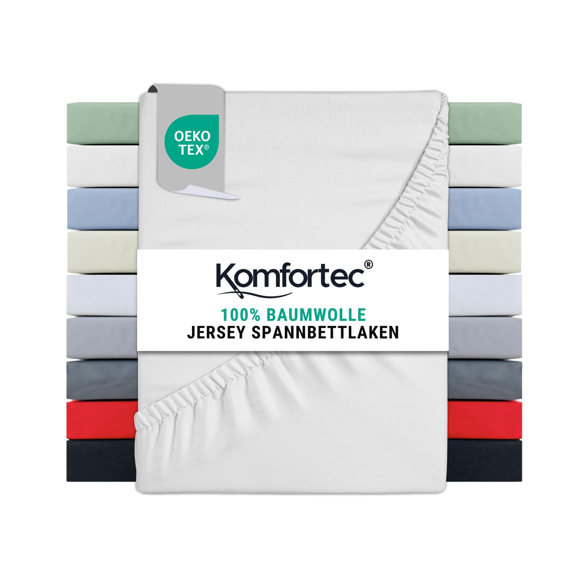 Komfortec Spannbettlaken 90x200 cm Jersey-Baumwolle – OEKO-TEX® Standard 100, Rundumgummizug für perfekte Passform, Weiß