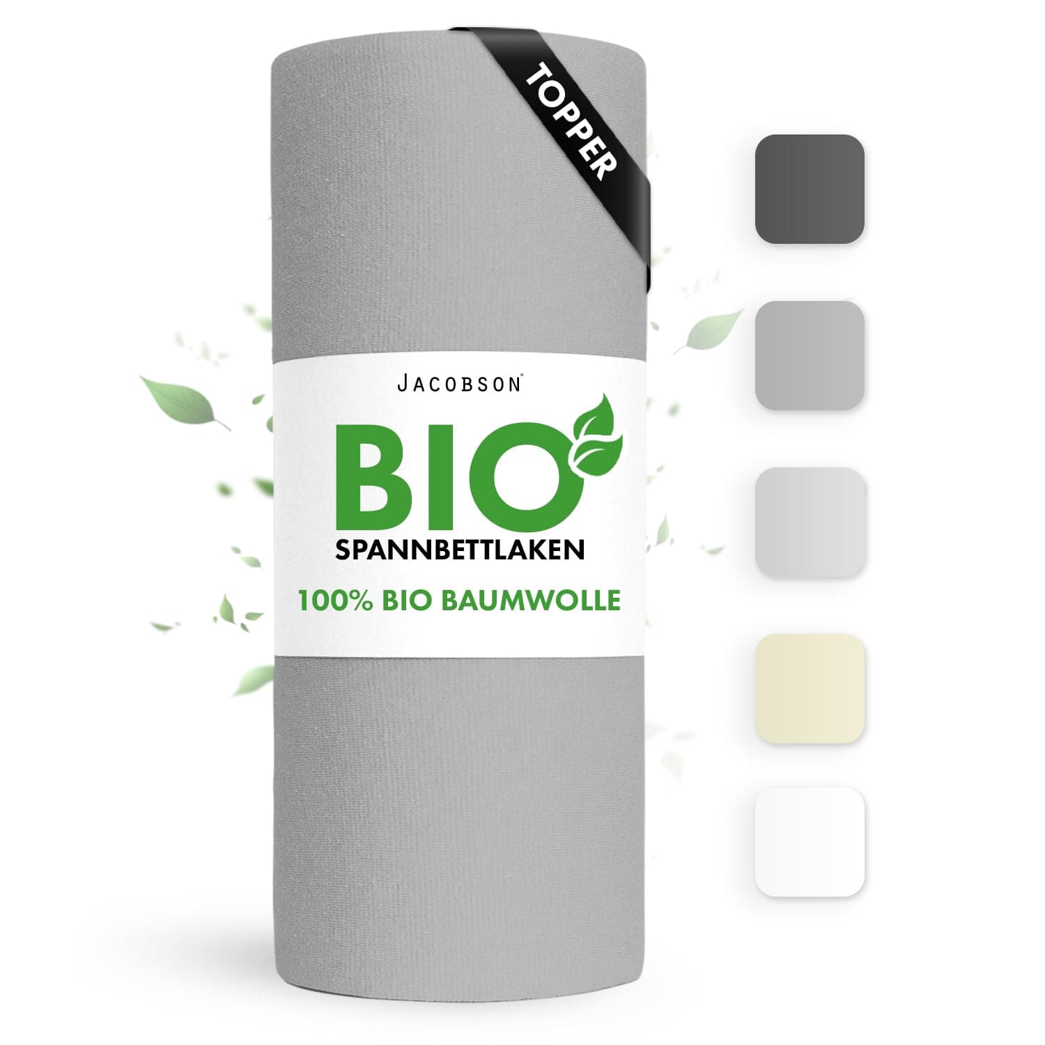Jacobson Spannbettlaken Topper 180x220 cm – GOTS‑zertifiziertes Baumwoll‑Jersey 160 g/m², Grau