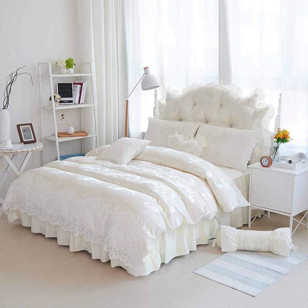 Bettwäsche-Set 4-teilig (Voll/Full) – 100% Baumwolle, Luxus Spitze & Rüschen im Prinzessin-Stil