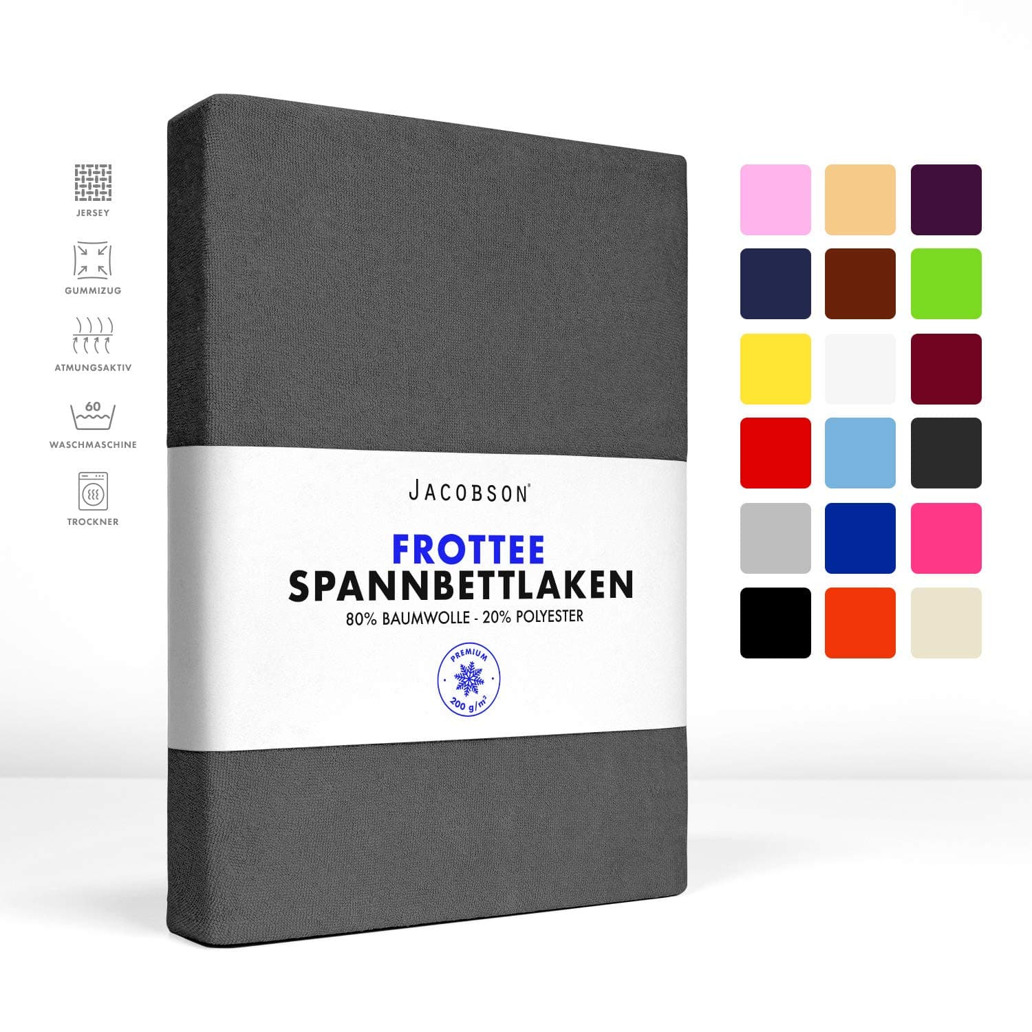 Jacobson Premium Frottee-Spannbettlaken aus Baumwolle (ca. 200 g/m²) – passend für Matratzen 140–160 × 200 cm
