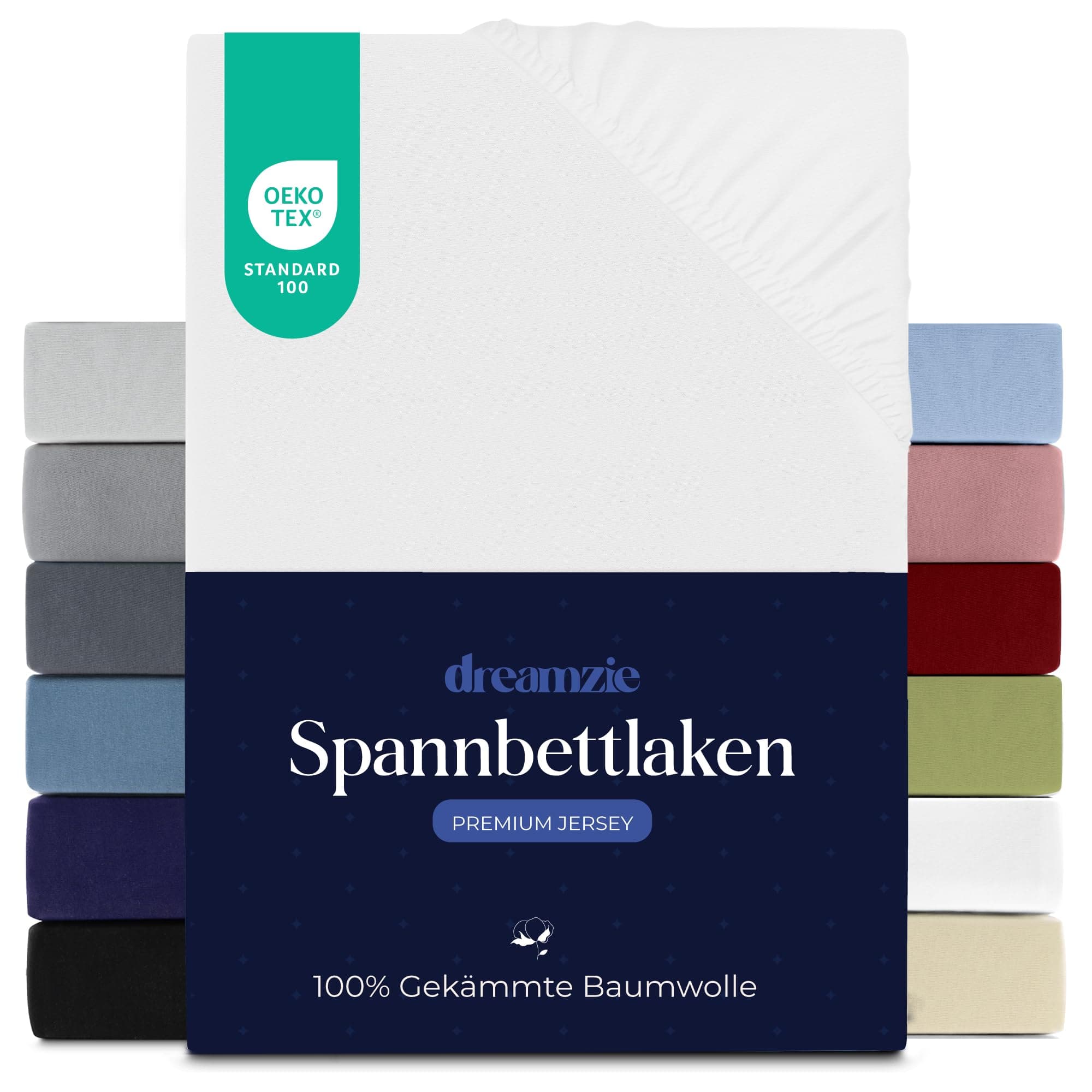Dreamzie Spannbettlaken 90x200 cm – für dicke Matratzen bis 22 cm, 100% Jersey-Baumwolle (150 g/m²), OEKO‑TEX Weiß