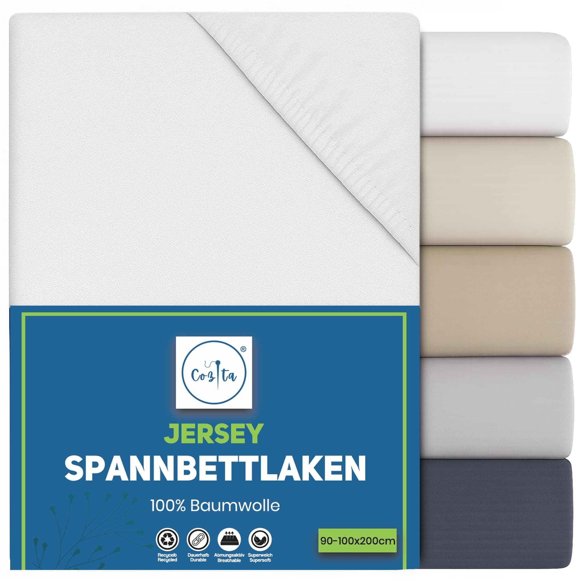 Spannbettlaken 90x200 cm – 100% Baumwoll‑Jersey, Tiefes Laken bis 25 cm – Weiß