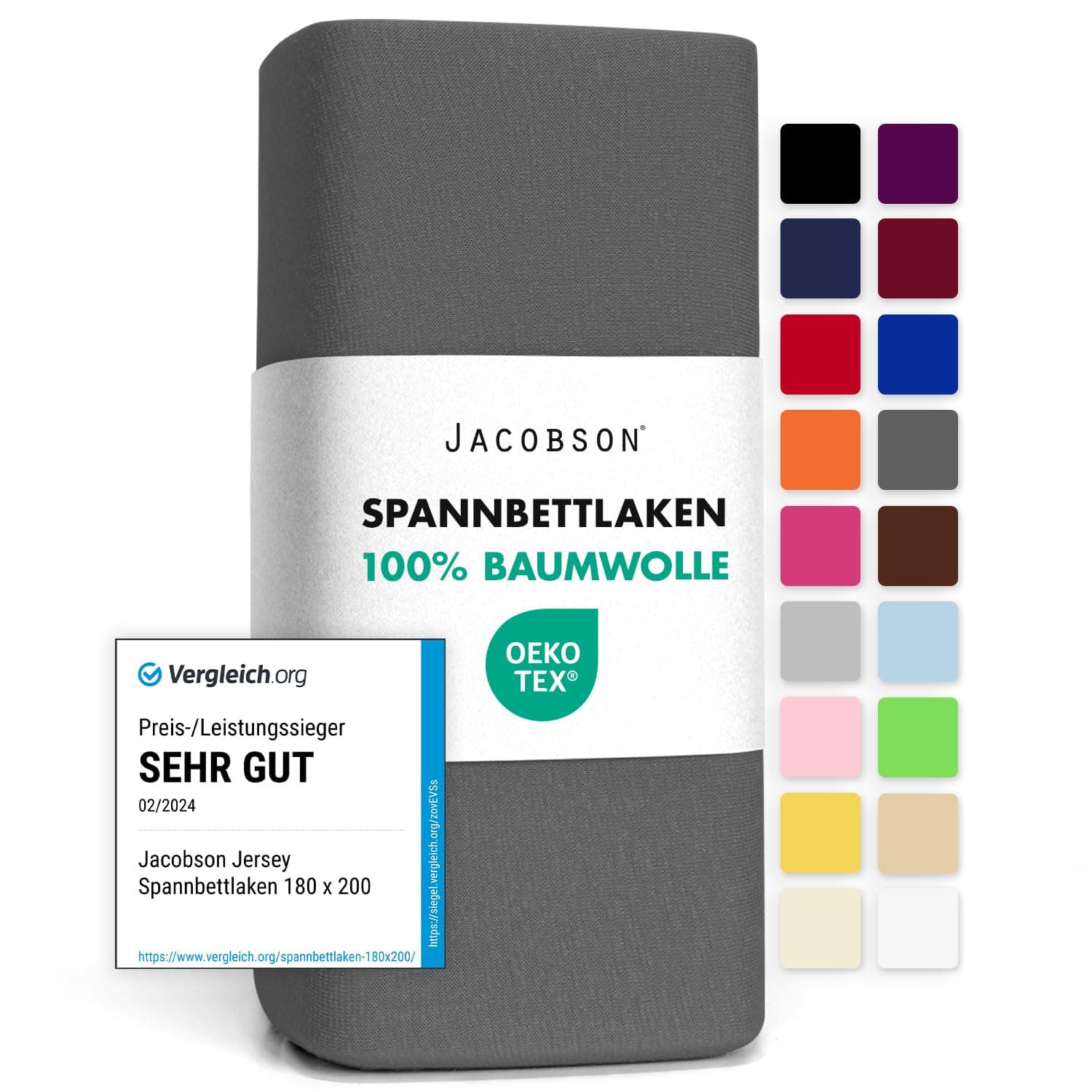Jacobson Jersey-Spannbettlaken – Elastisches Baumwoll-Spannbetttuch 90x200–100x200 cm, Anthrazit